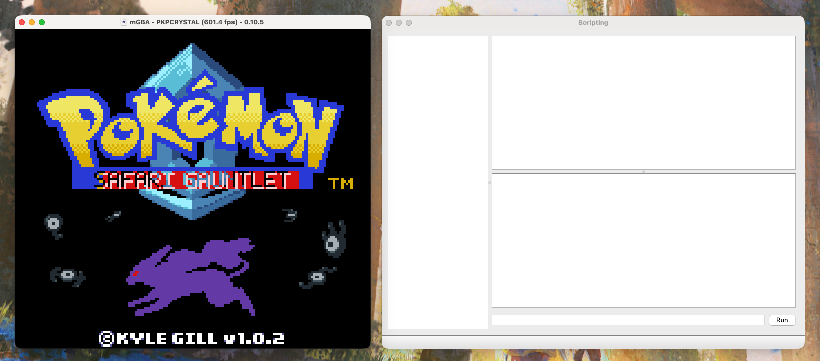Safari Gauntlet title screen running in mGBA next to the Lua scripting console