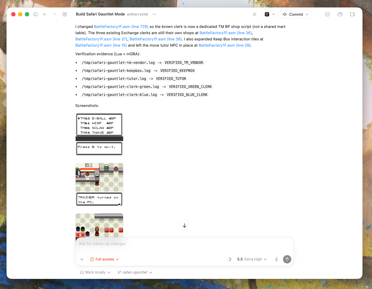 Codex verification evidence with mGBA screenshots for the Safari Gauntlet TM shop, PC, and hub